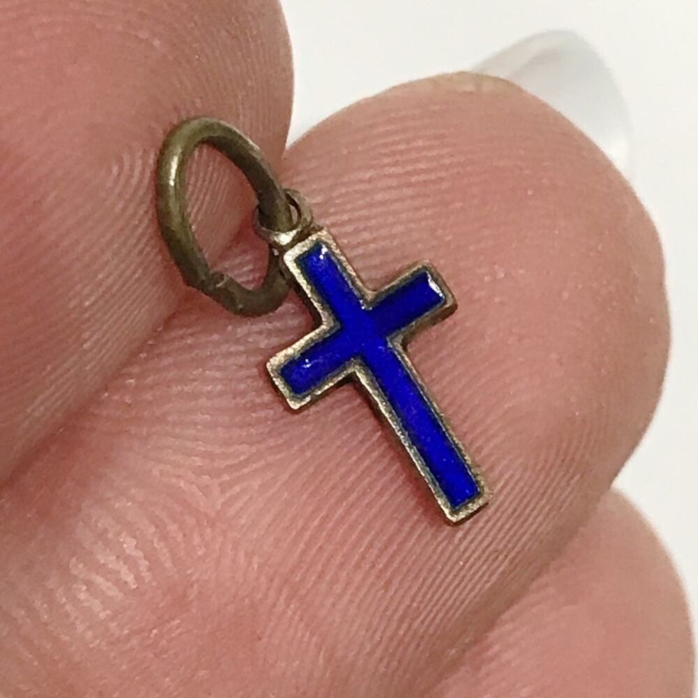 Vintage Tiny Blue Enamel Italian Cross Catholic Necklace Bracelet Pendant Charm